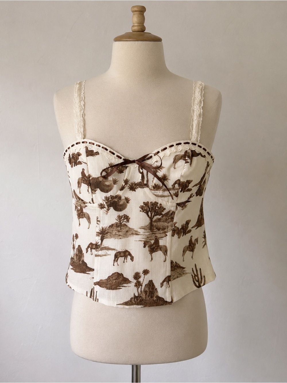 Western Cowboy Toile Corset Cami Top Lace Horse Print Coquette